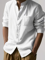 Men's Autumn Linen Long Sleeve Shirt 2pcs, Stand Collar Loose Fit, Breathable & Comfortable, Vintage Chinese Style for Daily Commute & Casual Wear, Gift Box Packaging for Gifting or Personal Use (Box and Props for Display Only) - Light White+Black Color