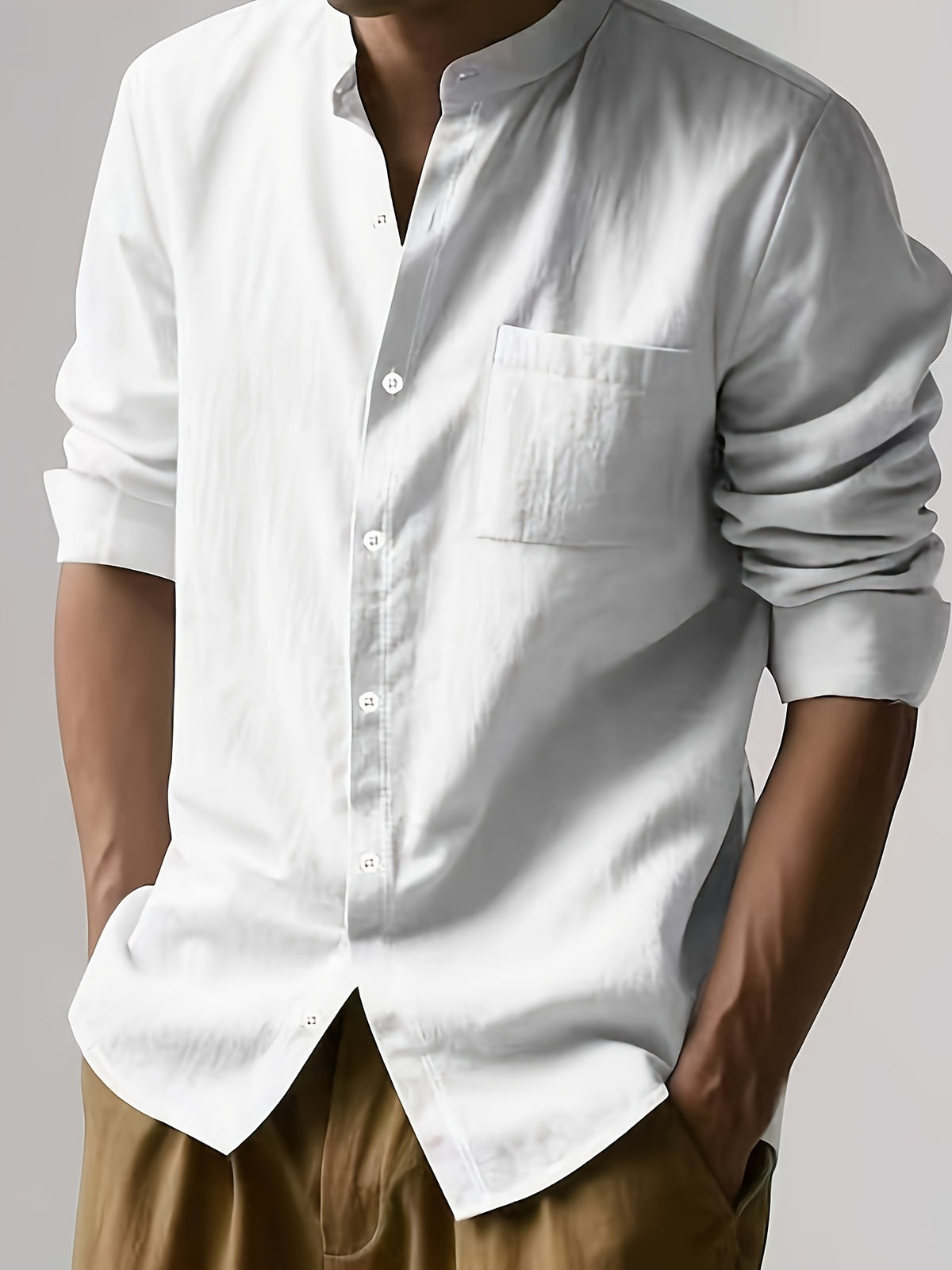 Men's Autumn Linen Long Sleeve Shirt 2pcs, Stand Collar Loose Fit, Breathable & Comfortable, Vintage Chinese Style for Daily Commute & Casual Wear, Gift Box Packaging for Gifting or Personal Use (Box and Props for Display Only) - Light White+Black Color