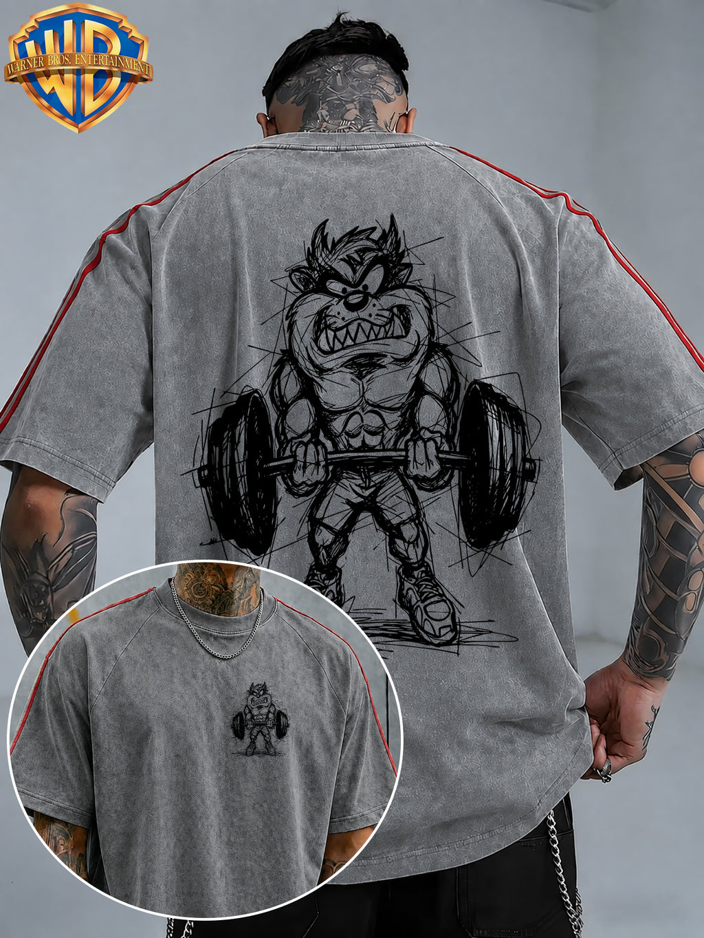 WB Warner Bros. Official License, American Hardcore Sports Hand-Drawn, Muscular Big Mouth Monster Street Fitness Style Atmospheric Outfit T-Shirt, Men'S Loose Retro Street Casual Short Sleeve Top - Grey