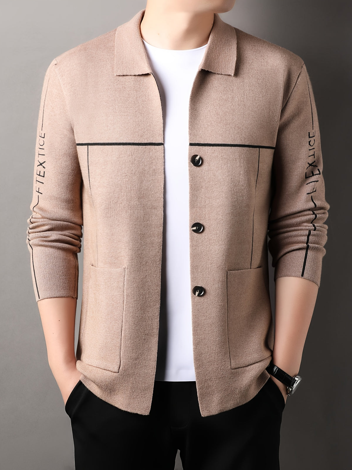 Xingfan Autumn/Winter Men's Line Embroidery Cardigan Long Sleeve Casual Lapel Knitted Outerwear - Camel