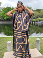 Elegant Black and White Geometric Print Maxi Dress with Batwing Sleeves - Traditional Attire for Women, Perfect for Spring/Summer, Versatile Clothing | Geometric Print Dress | Detailed Applique, Maxi Dress - Coffee Brown