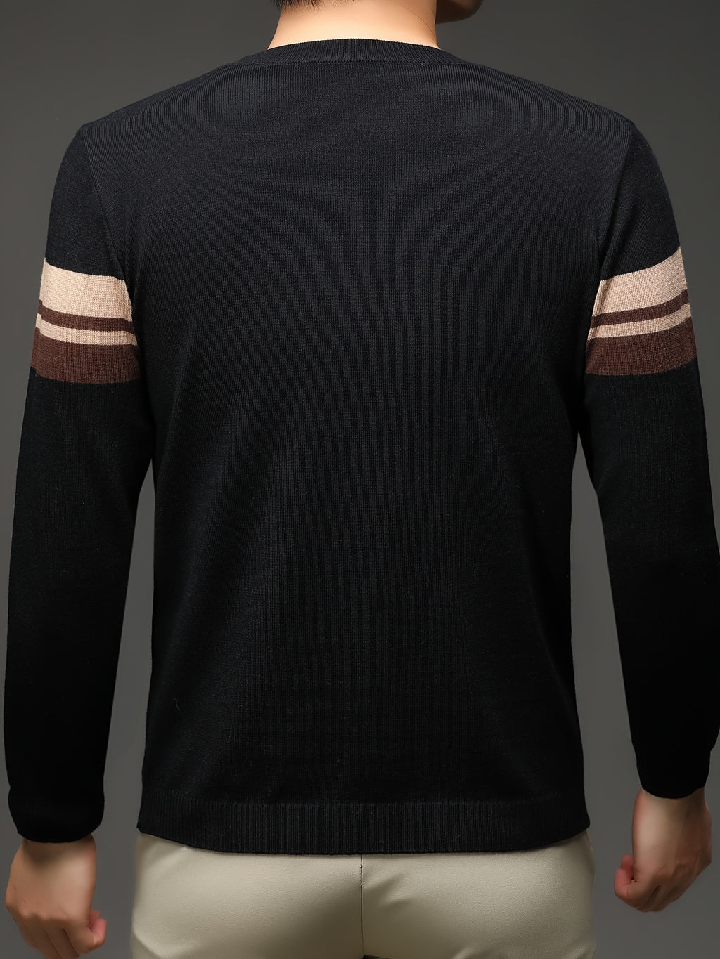 [Wading Whale OBM] Spring/Autumn New Men'S Knit Pullover Sweater, Old Money Style Color-Block Ribbed Round Neck Long Sleeve Knit Pullover for Men, Business Casual Fashion Ribbed Sweater, Suitable for Spring, Autumn, Winter Layering Or Inner Wear - Black