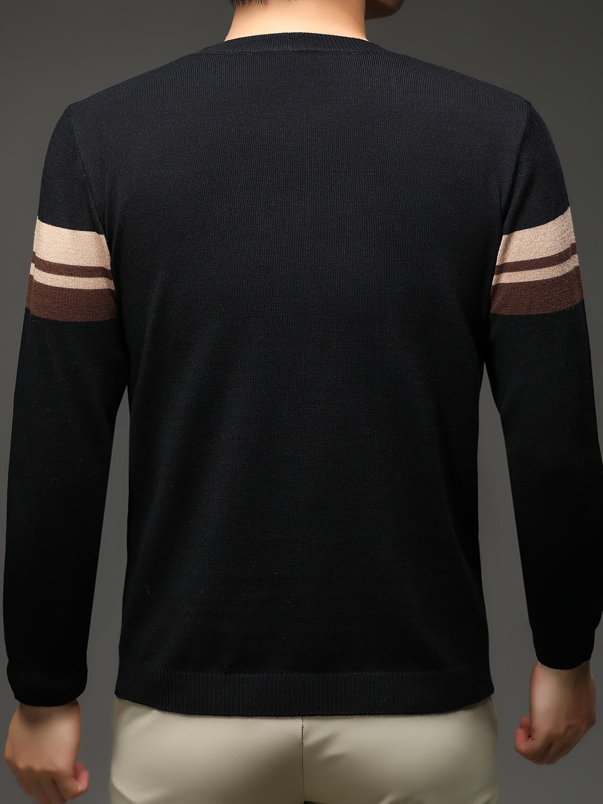 [Wading Whale OBM] Spring/Autumn New Men'S Knit Pullover Sweater, Old Money Style Color-Block Ribbed Round Neck Long Sleeve Knit Pullover for Men, Business Casual Fashion Ribbed Sweater, Suitable for Spring, Autumn, Winter Layering Or Inner Wear - Black