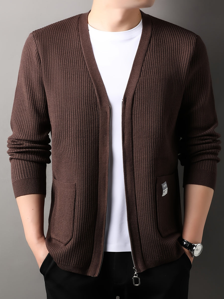 Men's Old Money Style Knit Cardigan Sweater Jacket - Solid Color V-Neck Zipper Front with Side Pocket, Open Front Zipper Suitable for Business Casual, Layering for Golf, Outdoor, Vacations, Spring/Autumn Wear, Versatile for Daily Outfits - Coffee Brown
