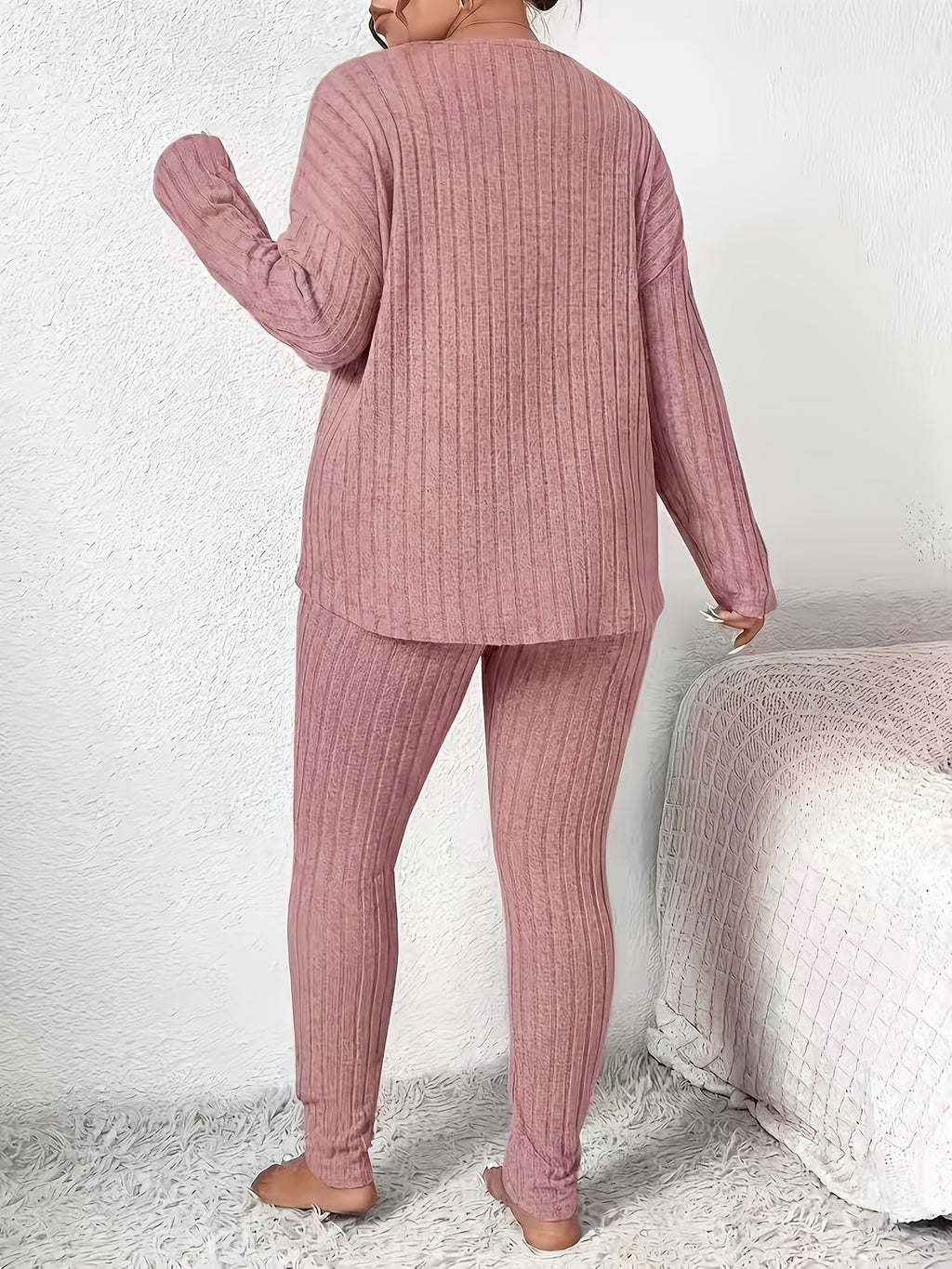Solid Color Long-sleeved Top and Trousers Casual Everyday Set - Pink Color