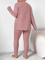 Solid Color Long-sleeved Top and Trousers Casual Everyday Set - Pink Color