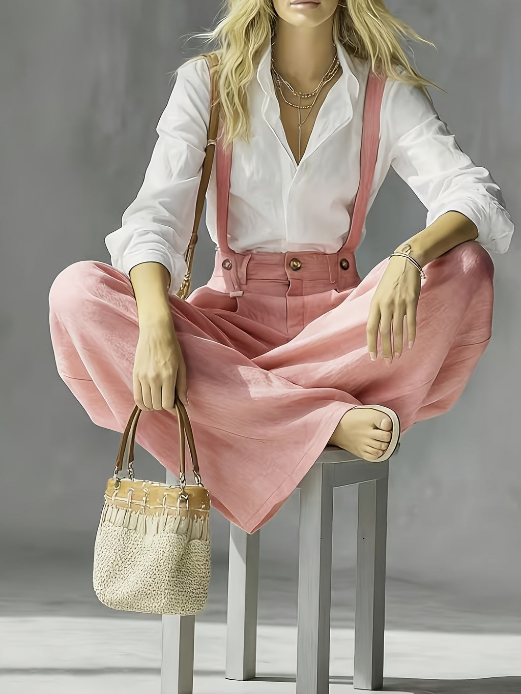 New Spring/Summer Fashion High-Waist Pleated Suspender Pants, Vintage Temperament Commuter Straight-Leg Casual Trousers - Pink