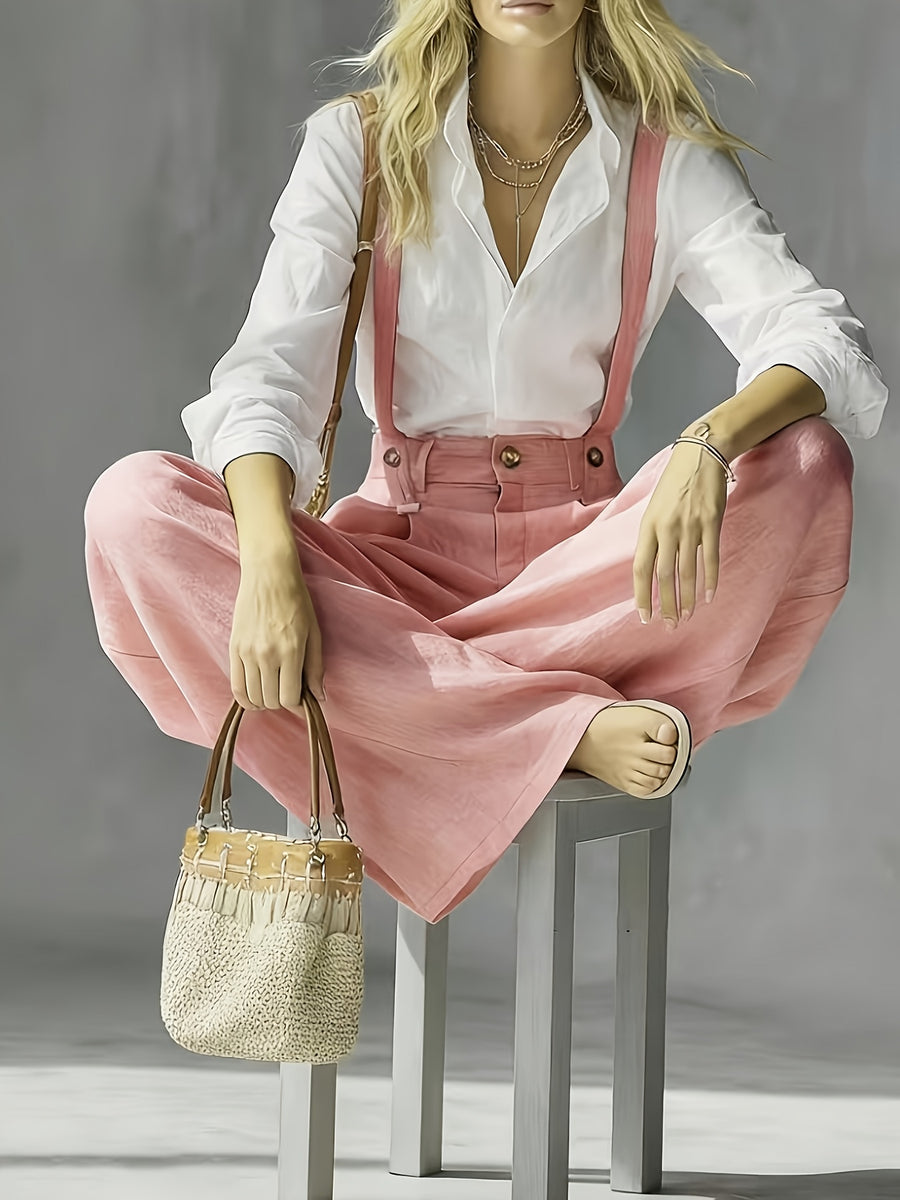New Spring/Summer Fashion High-Waist Pleated Suspender Pants, Vintage Temperament Commuter Straight-Leg Casual Trousers - Pink