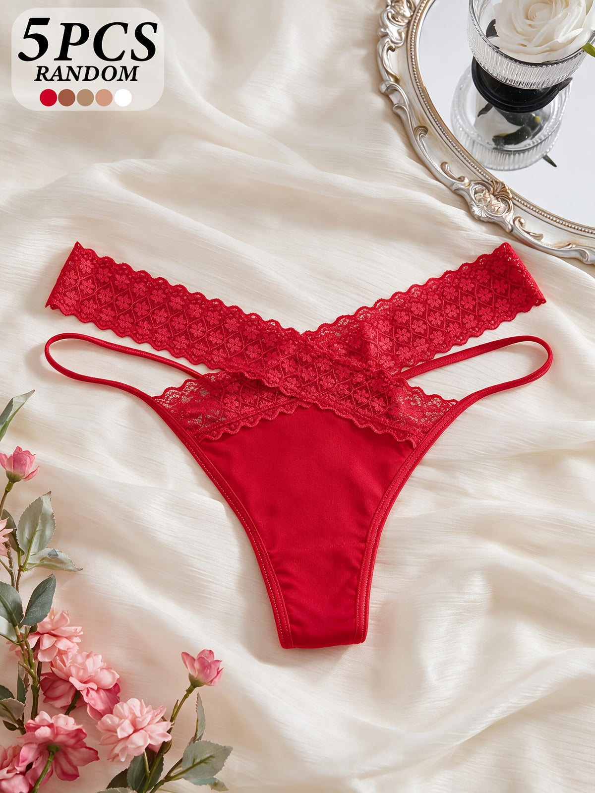 5pcs Sexy Lace Lingerie Set - Sheer Bikini Bottoms with Bow Detail, Semi-Transparent Floral Panties for Romantic Occasions, Hand Washable Solid Color Underwear for Special Events And Daily Wear, Sexy Women'S Plus Size G-String - Mixed colors