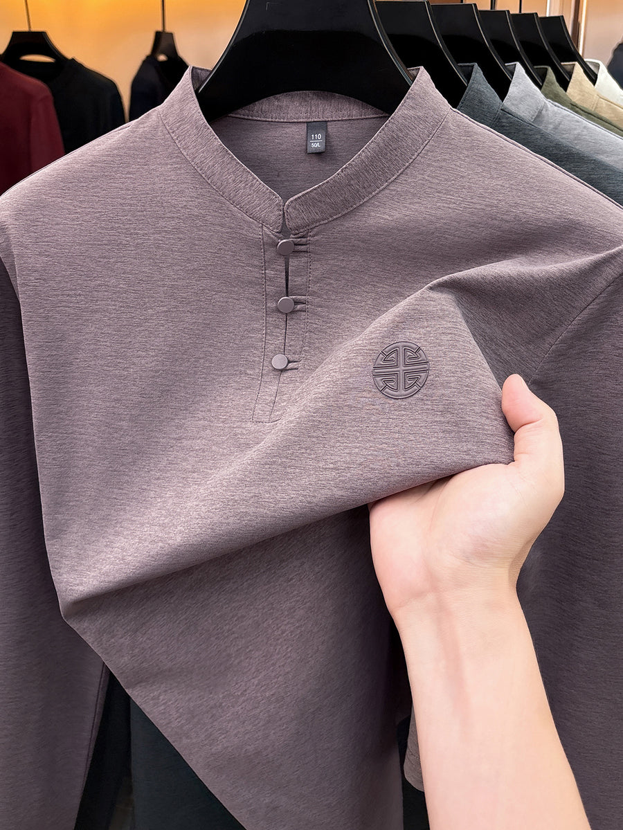 Spring/Autumn New Arrival Access Control Three-Button Chinese Hero Ancient Style Long Sleeve Stand Collar Men's T-Shirt, Stylish Casual Thin Novelty Men's Top, Refreshing Quick-Drying, Durable Skin-Friendly Chinese Clothing JC8923 - Light Purple