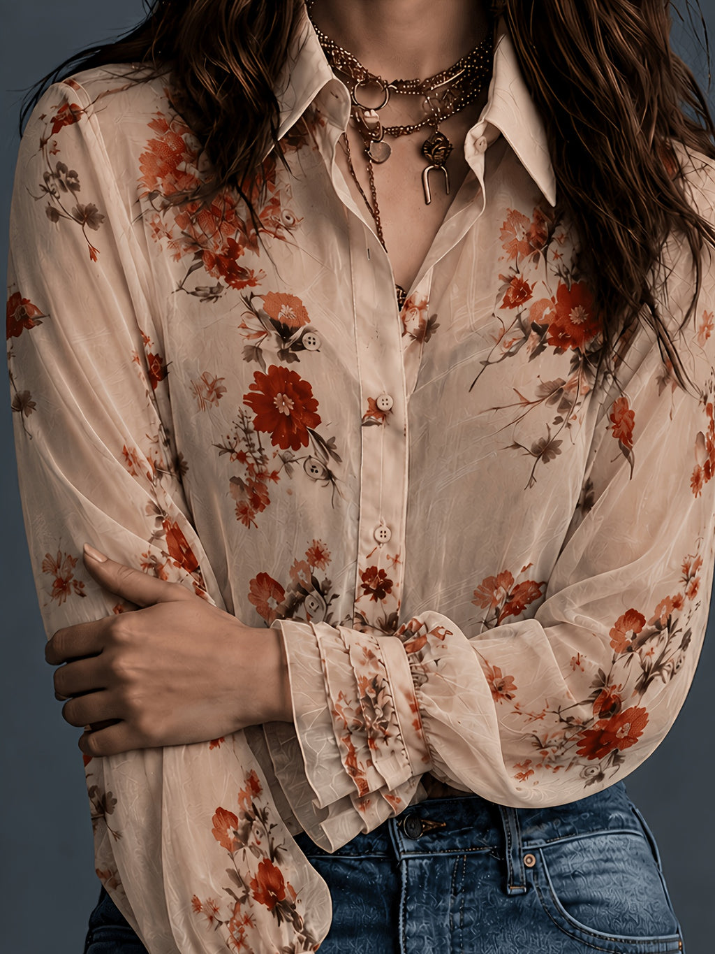 All-Season Floral Print Long Sleeve Shirt, Casual Semi-Transparent Versatile Retro Chiffon Front Button-Up Design, Flared Sleeves, Elegant Fashion Women'S Blouse - Apricot
