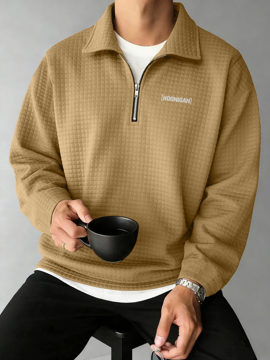 HOONIGAN Men's Printed Half-Zip Fashion Waffle Knit Texture Autumn/Winter Simple Casual Versatile Sporty POLO Shirt Sweatshirt, New Autumn/Winter Long-Sleeve Lapel Top, Comfortable and Breathable Fabric, Valentine's Day Gift, Preferred Birthday Gift - Khaki
