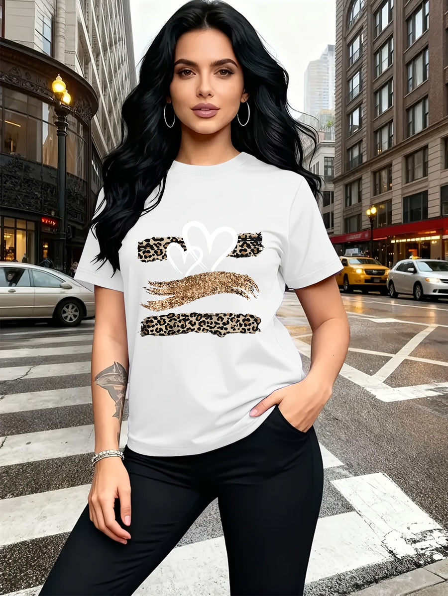 Leopard Print Heart Glitter-themed Pattern Print, Fashionable Breathable T-shirt, for Family Travel,, Casual S, Daily Commutes, Matching Outfits for Sisters, Versatile T-shirt 30057 - White