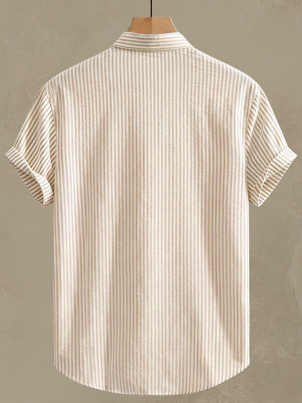 Men's Striped Shirt with Letter Print, Breathable Striped Summer Shirt, Stand Collar Design Suitable for Beach Outings and Daily Casual Wear, Beach Shirt, Outdoor Leisure, Soft Texture, Vacation Outfit, Machine Washable - Khaki