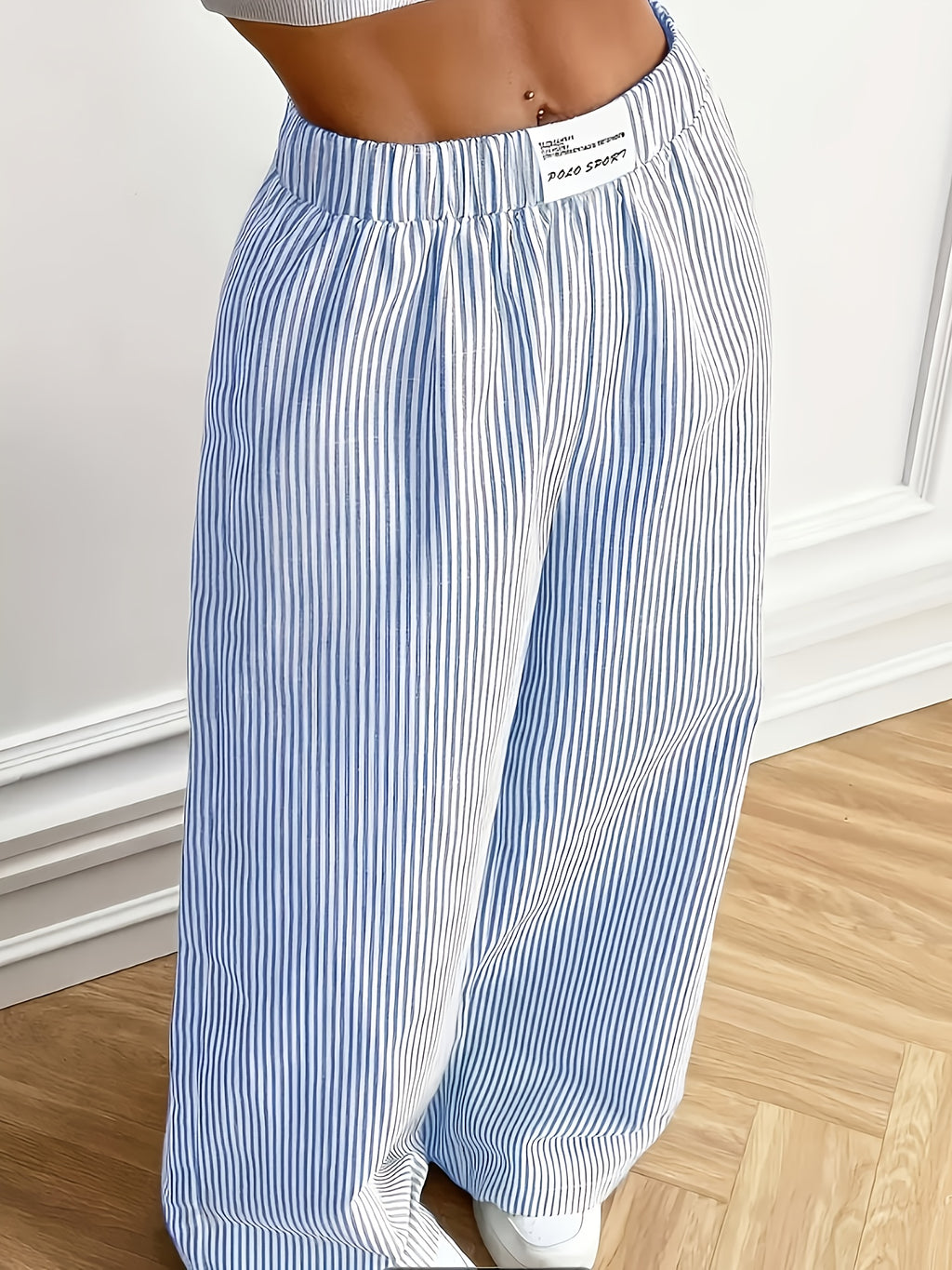 Fashionable Wide-Leg Women'S Pants - Blue Stripes