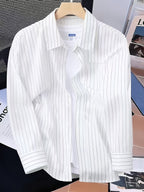 Spring/Autumn Lightweight Trendy Men's Versatile Minimalist Striped Casual Long-Sleeve Shirt, Simple Commuter Fashion Casual Outerwear Shirt - White