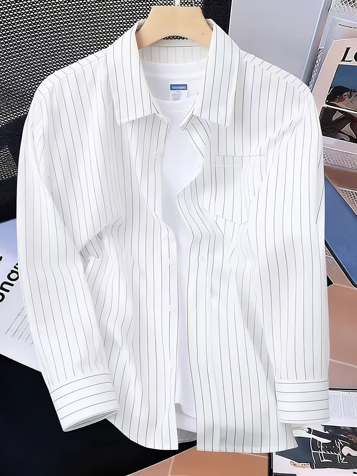 Spring/Autumn Lightweight Trendy Men's Versatile Minimalist Striped Casual Long-Sleeve Shirt, Simple Commuter Fashion Casual Outerwear Shirt - White