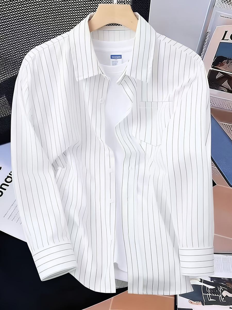 Spring/Autumn Lightweight Trendy Men's Versatile Minimalist Striped Casual Long-Sleeve Shirt, Simple Commuter Fashion Casual Outerwear Shirt - White