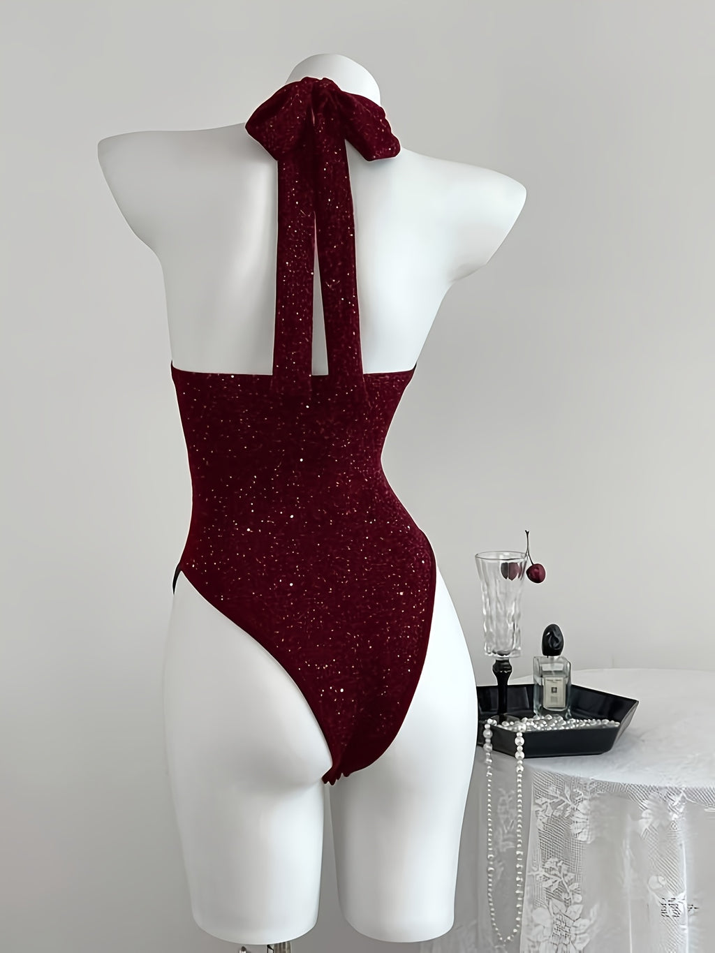 Women'S Summer New Easy Fashion Sexy Sequined Design Solid Color V-Neck Halter Neck Fitted Bodysuit - Burgundy
