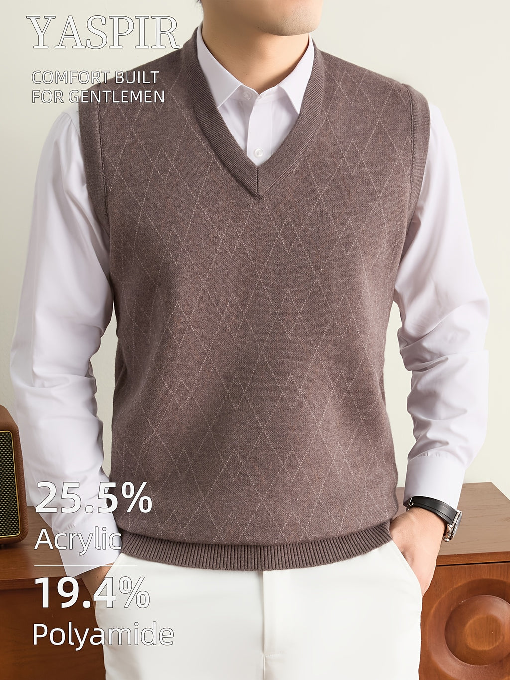 Men'S Knit Vest Sweater for Autumn And Winter, Classic V-Neck Striped Design, Easy Elegant Old Money Style Warm And Cold-Resistant, Suitable for Daily Commute, Office, Outdoor Leisure, Sports, Hiking, Camping, Holiday Gift for Father Or Husband - Camel