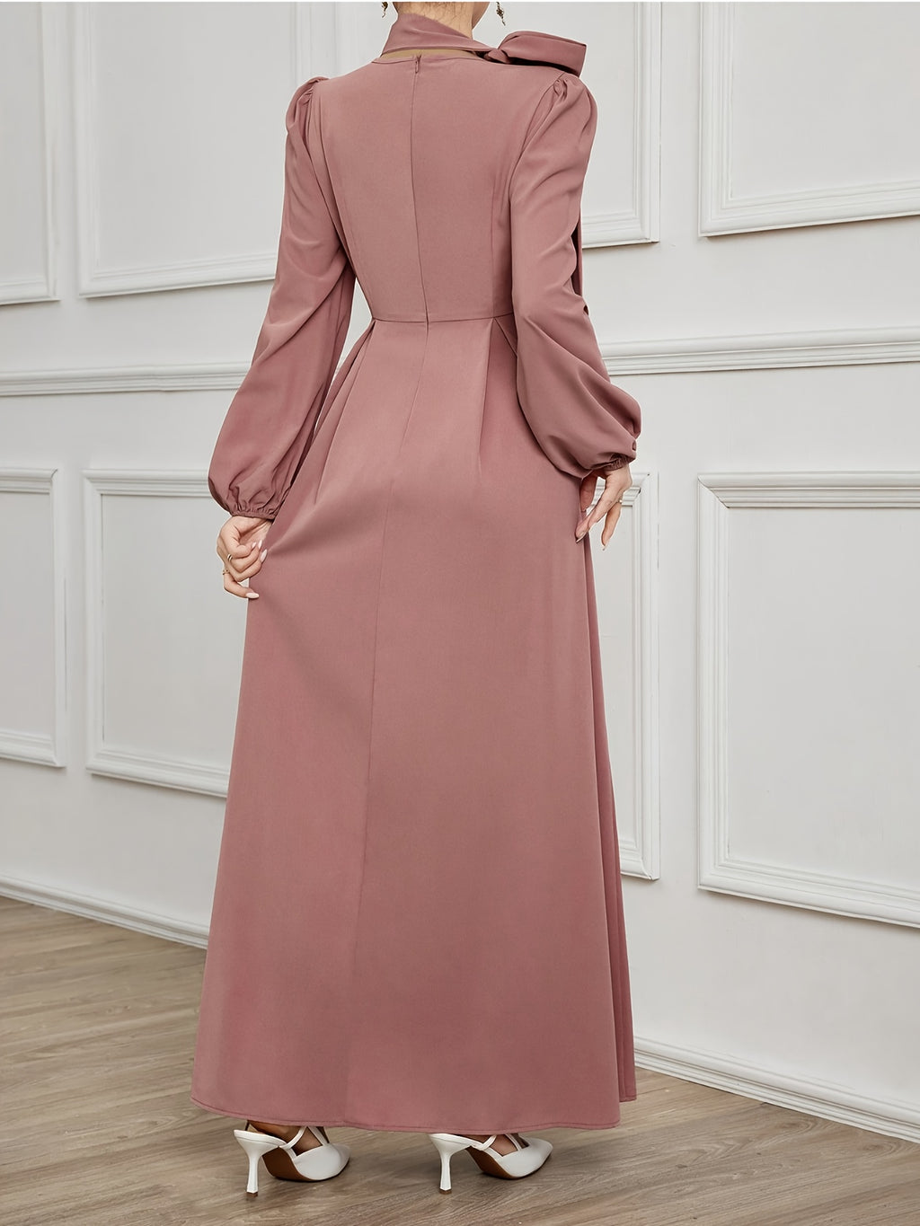 Retro Stand-Up Collar Puff Sleeve Midi Dress with Satin Bow Decoration, Slim Fit Trumpet Gown, Suitable for Banquets, Wedding Guests And Formal Dinners - Rose Brown