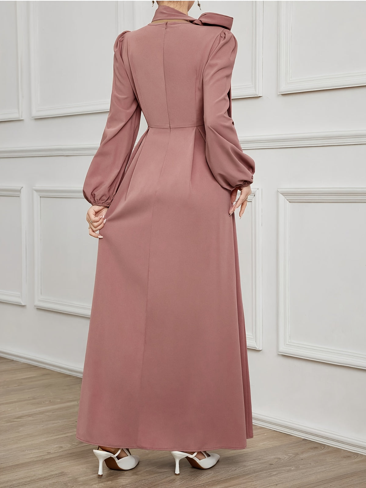Retro Stand-Up Collar Puff Sleeve Midi Dress with Satin Bow Decoration, Slim Fit Trumpet Gown, Suitable for Banquets, Wedding Guests And Formal Dinners - Rose Brown