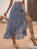 AK260309036 Women's Small Floral Print Ruffle Hem Asymmetrical Hem Skirt, Bohemian Ruffle Hem, Thigh-Split Long Regular Fit High-Waist Black Small Floral Print Skirt for Women, Spring/Summer, Casual Daily Wear Long Vacation Beach Skirt - Peacock Blue