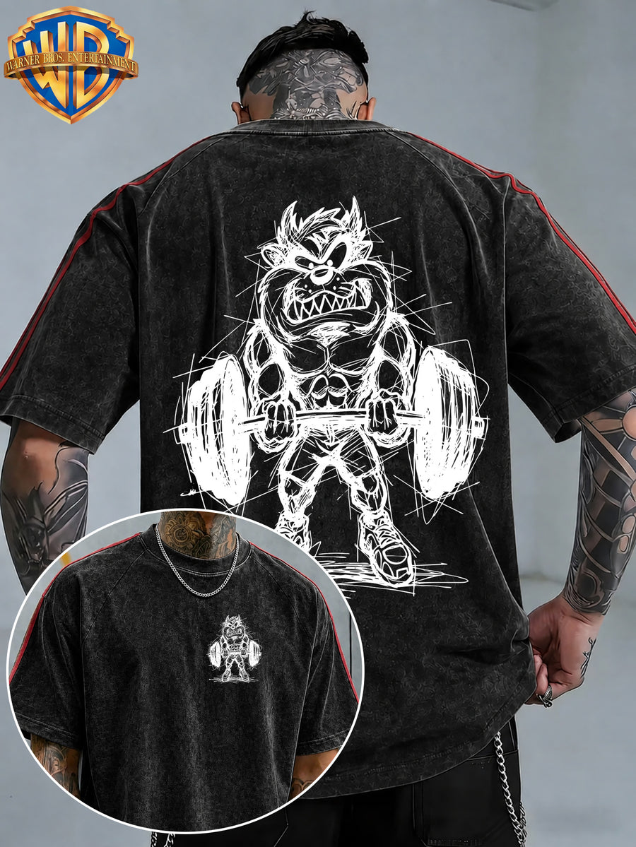 WB Warner Bros. Official License, American Hardcore Sports Hand-Drawn, Muscular Big Mouth Monster Street Fitness Style Atmospheric Outfit T-Shirt, Men'S Loose Retro Street Casual Short Sleeve Top - Black