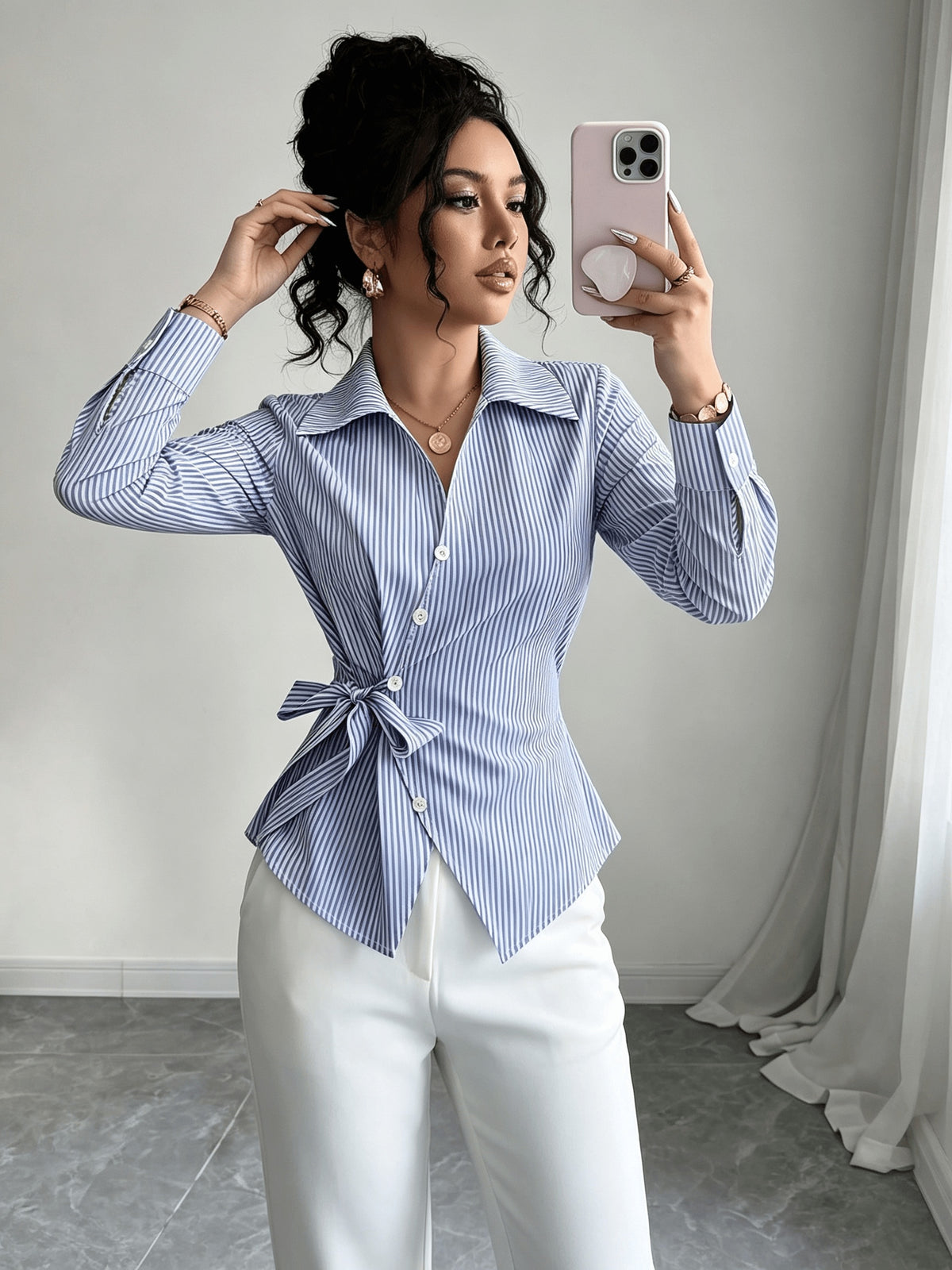 Stylish Long-sleeved Womens Shirt a New Luxuryversatile Top That Helps to Conceal Body Flaws and Create a Slimmer Appearancestripedtiedback Shirt for Women. - Light Blue Color