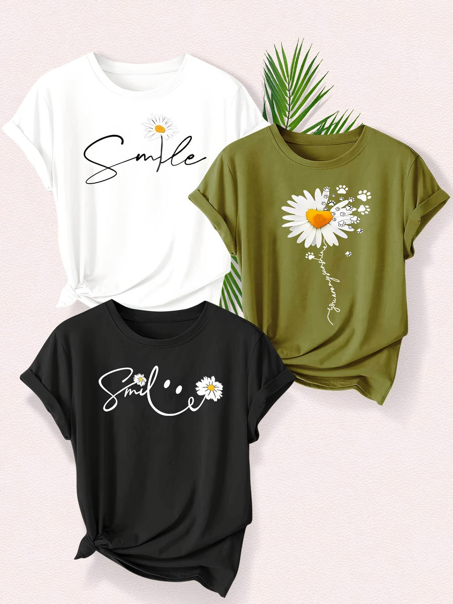 Smiling Letter Small Flower Series 3pcs Mixed Pack, Family Pack, Sisters Pack, Printed Fashion Vintage Style Women's Summer Casual Sporty Style Round Neck Short Sleeve T-Shirt, Multiple Colors Available, Sizes S-XXL - Black And White Army Green