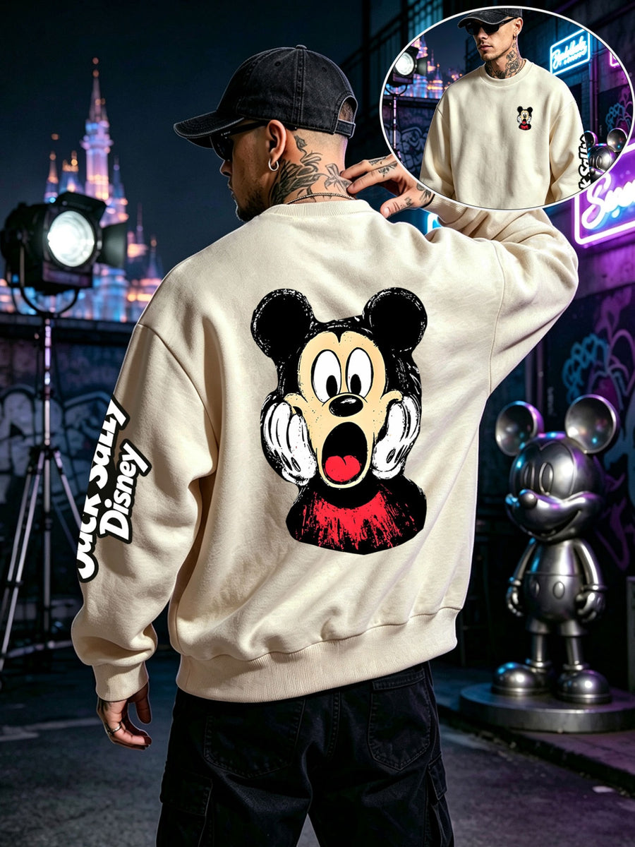 Halloween Sweatshirt, Men's Autumn/Winter Long-Sleeve Top, Casual and Versatile Sweatshirt, "Disney" Mickey Mouse Scared Face Print Men's Apparel, Perfect for Holiday Outfits, Daily Wear, and Party Attire - Apricot