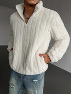 Fashion Men'S Plush Sweatshirt Jacket, Solid Color Half-Zip Pullover, Suitable for Home Casual Commute, Soft Warm Long Sleeve - White
