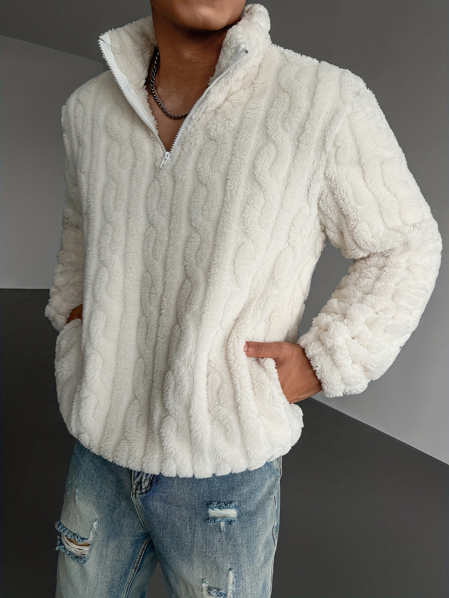 Fashion Men'S Plush Sweatshirt Jacket, Solid Color Half-Zip Pullover, Suitable for Home Casual Commute, Soft Warm Long Sleeve - White