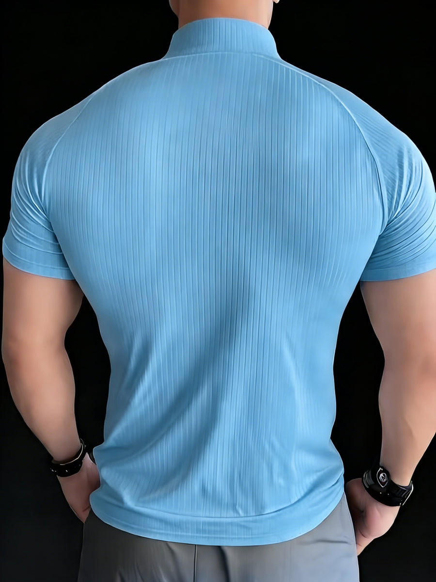 Six-color Men's Summer Casual Half-zip Short-sleeve Shirt - Made of 240g Ribbed Piqué Breathable Stretch Fabric, Featuring a Half-zip Stand-up Collar Design, Lightweight and Comfortable, Suitable for Casual Wear, Gym or Outdoor Activities, Sportswear - Sky Blue