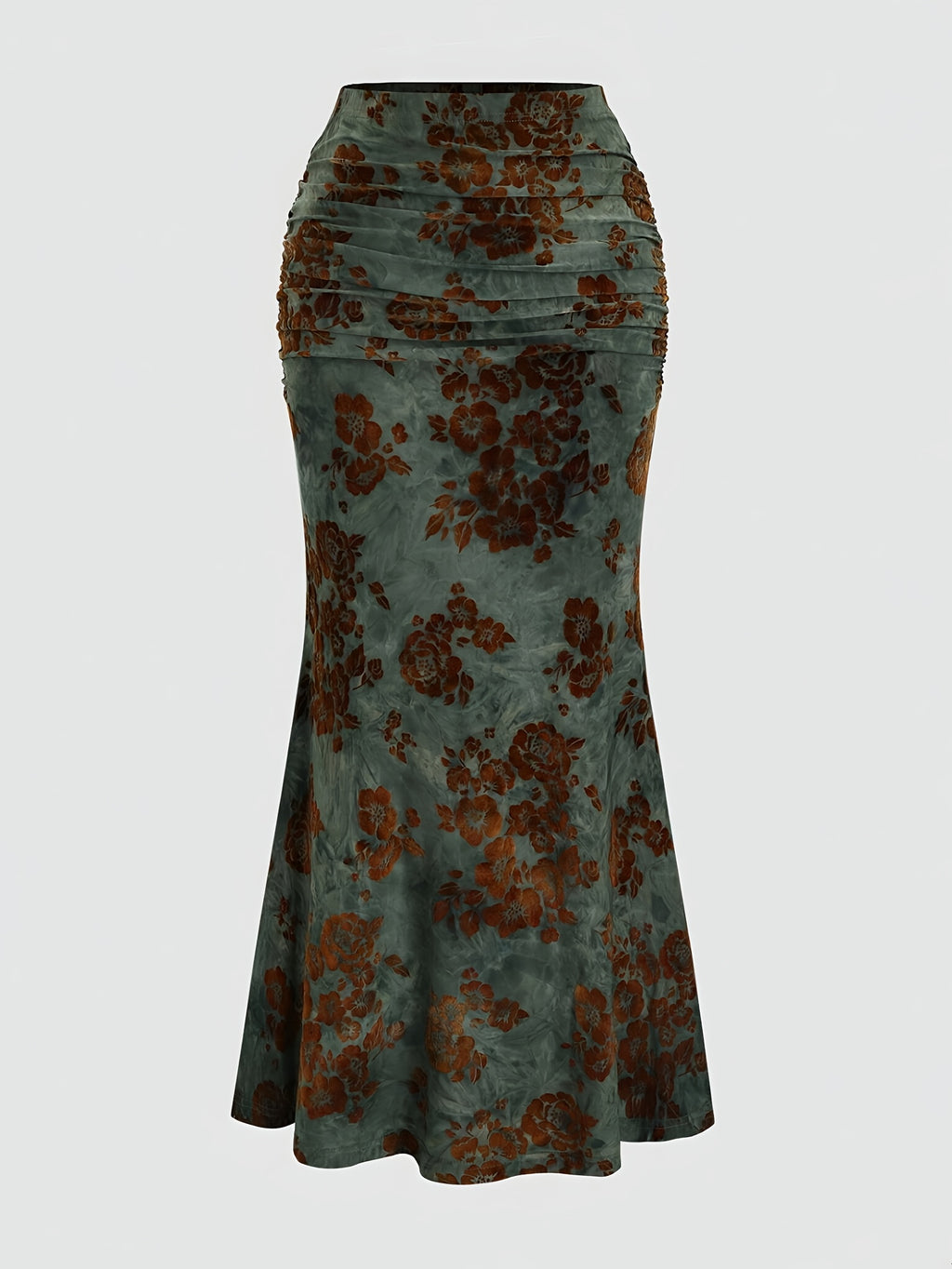 2025 Autumn New Women's Vintage Flocked Print Mermaid Skirt, Suitable for Autumn and Winter Long Style, Autumn Skirt, Winter Skirt, Classic Look, Feminine Design, Flocked Fabric, Quality Stitching, Retro Skirt, Stylish Skirt, Vintage Enthusiasts - Green