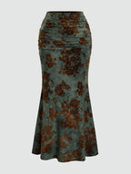 2025 Autumn New Women's Vintage Flocked Print Mermaid Skirt, Suitable for Autumn and Winter Long Style, Autumn Skirt, Winter Skirt, Classic Look, Feminine Design, Flocked Fabric, Quality Stitching, Retro Skirt, Stylish Skirt, Vintage Enthusiasts - Green