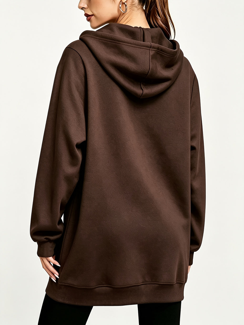 Women's Long Hooded Sweatshirt Jacket, Autumn/Winter Thick Hoodie, Versatile Loose Fit Casual Long Sleeve Zip-Up Cardigan Jacket - Dark Brown