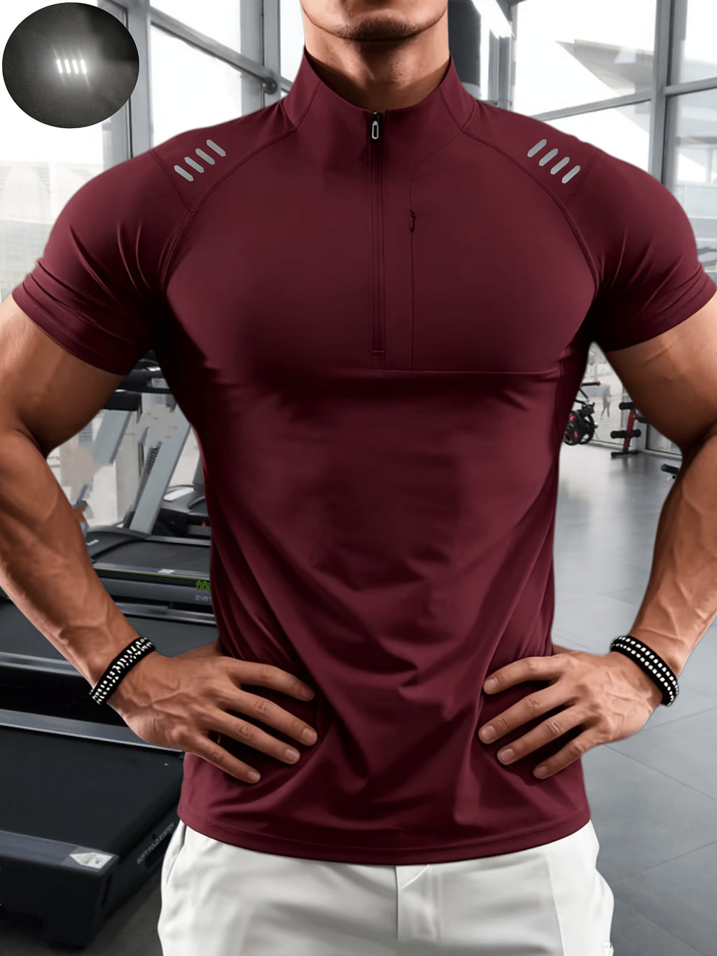 Men'S Muscular Fitness High-Elastic Training Quick-Dry Fitness Wear, Individual Print Patterns, Slim Fit Summer Casual Short Sleeve Shirt T-Shirt - Breathable Elastic Fabric, Stand-Up Collar Design with Open Chest Zipper - Burgundy