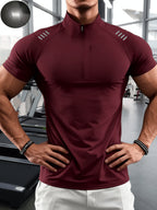 Men'S Muscular Fitness High-Elastic Training Quick-Dry Fitness Wear, Individual Print Patterns, Slim Fit Summer Casual Short Sleeve Shirt T-Shirt - Breathable Elastic Fabric, Stand-Up Collar Design with Open Chest Zipper - Burgundy