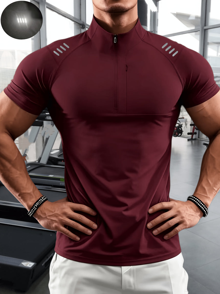Men'S Muscular Fitness High-Elastic Training Quick-Dry Fitness Wear, Individual Print Patterns, Slim Fit Summer Casual Short Sleeve Shirt T-Shirt - Breathable Elastic Fabric, Stand-Up Collar Design with Open Chest Zipper - Burgundy