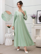 Najma Ladies' Loose Embroidered & Studded Long Robe for Festivals, Modest KaftanLadies' Loose Embroidered & Studded Long Robe for Festivals, Modest Kaftan - Green