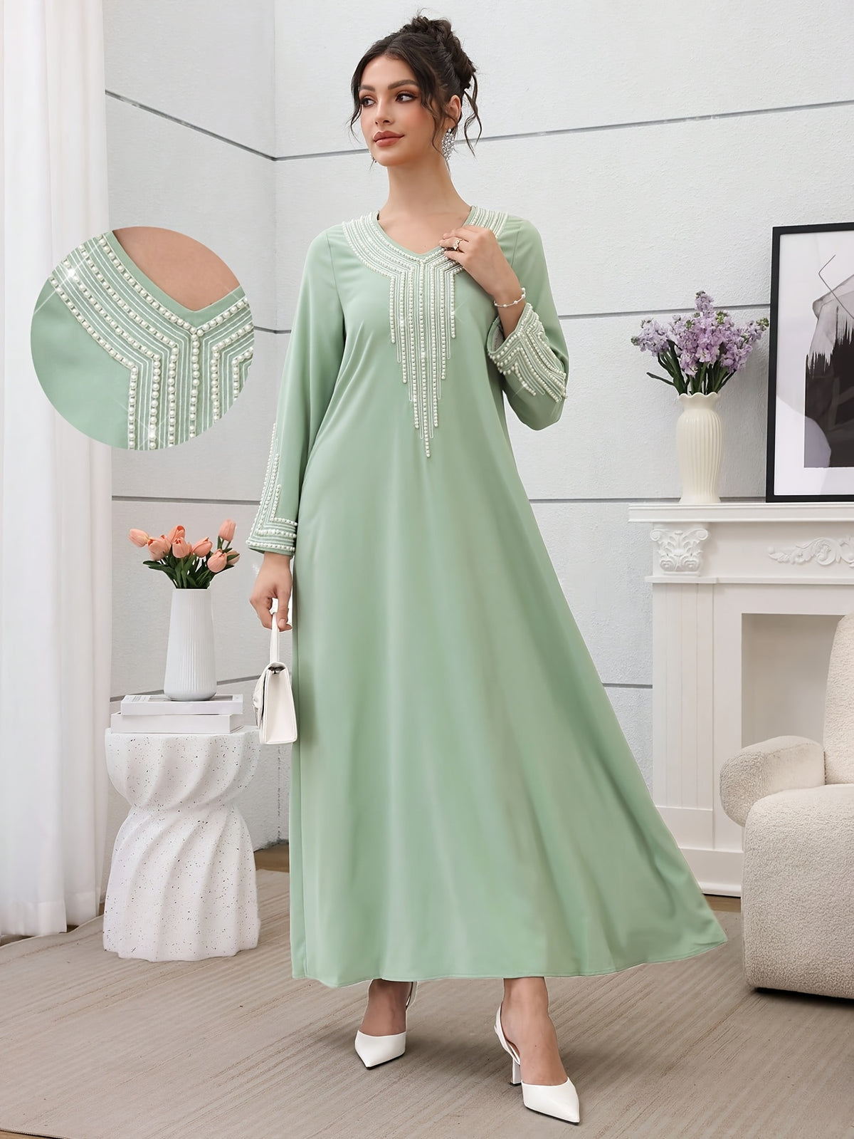 Najma Ladies' Loose Embroidered & Studded Long Robe for Festivals, Modest KaftanLadies' Loose Embroidered & Studded Long Robe for Festivals, Modest Kaftan - Green