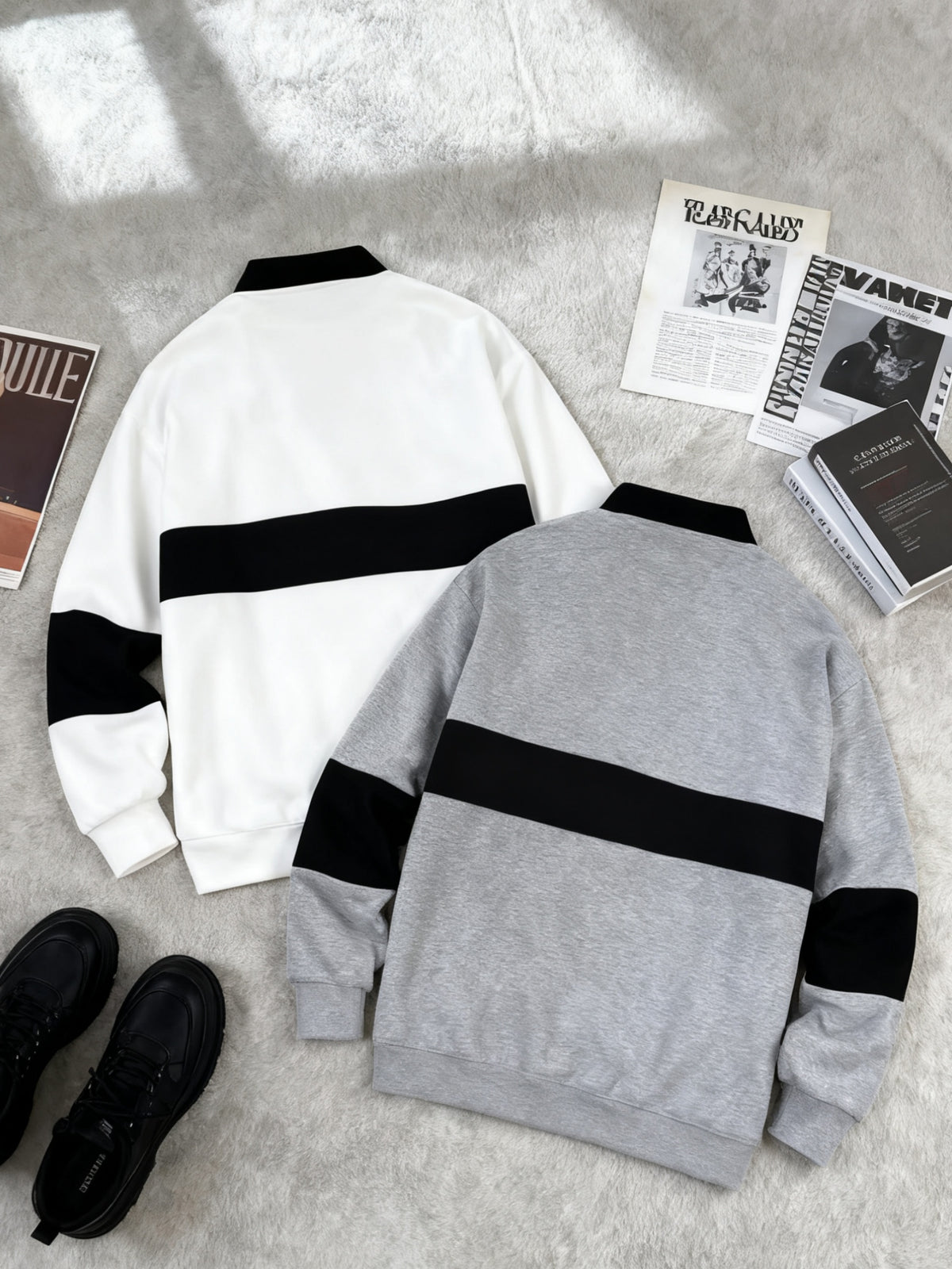 [2-Pc] Men'S Stand Collar Button-Front Polo Sweatshirt, Easy Color-Block Button Casual Pullover, Warm Daily Office Fluffy Long Sleeve Casual Polo Sweatshirt, Suitable for Fall Winter Outfit, Fleece-Lined Thickened, Ideal Gift for Friends, Husband - Gray White