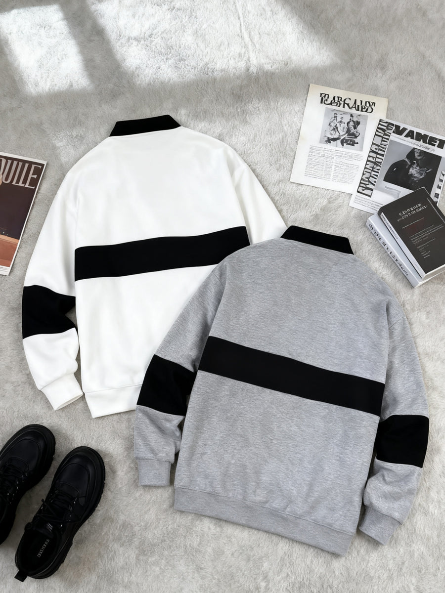 [2-Pc] Men'S Stand Collar Button-Front Polo Sweatshirt, Easy Color-Block Button Casual Pullover, Warm Daily Office Fluffy Long Sleeve Casual Polo Sweatshirt, Suitable for Fall Winter Outfit, Fleece-Lined Thickened, Ideal Gift for Friends, Husband - Gray White