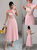 Women'S Dress, Summer New Floral Print Half-Neck Short Sleeve Dress, Waist-Cinching Long Pleated Dress with Belt - Pink