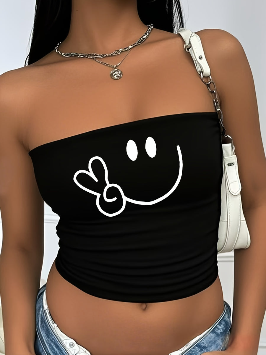 Joyful Gesture Happy Abstract Lines Printed Elastic Strapless Women's Clothing All Seasons - Black