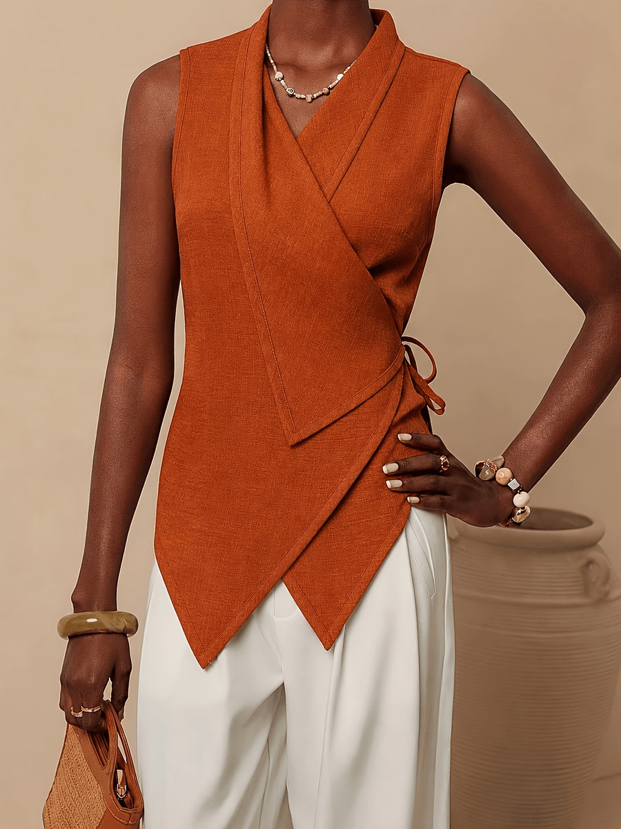 Women'S Solid Color Knotted Asymmetrical Hem Casual Versatile Daily Wear Shirt - Orange red