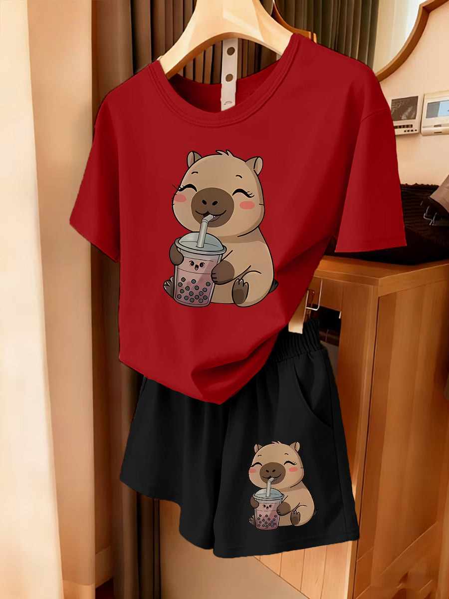 2pcs Women's Spring Summer Short Sleeve & Shorts Matching Outfit - Capybara Print Pajamas Gym Wear Sleepwear, Soft Breathable Pajamas, Valentine's Day Gift, Machine Washable 2pcs Set - Red+Black