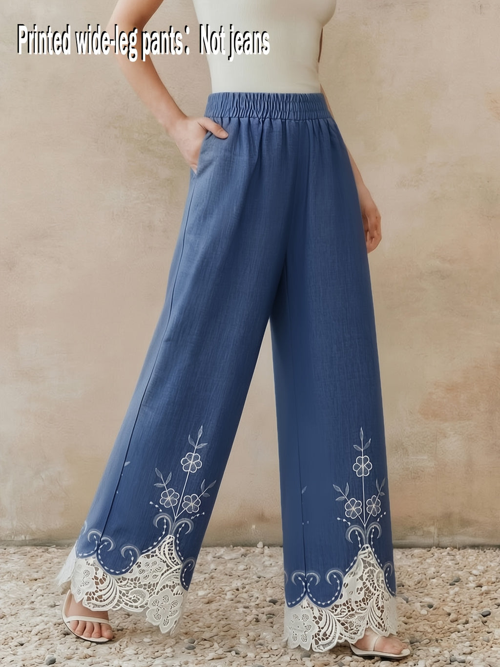 Summer Blue Wide-Leg Pants, High-Waist Flowy Straight Trousers with White Floral Print, Lace Hollow-Out Hem Casual Trousers, Vacation Style Versatile Floor-Length Pants - Blue