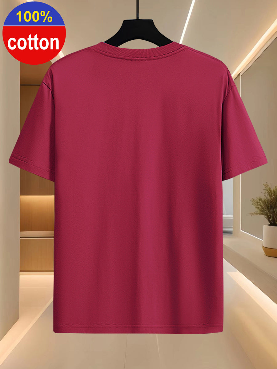 100%, Summer Men'S Short Sleeve T-Shirt, Fashion Easy Print Top, Round Neck Base Layer, Easy Fashion Fit, Outdoor Leisure Sports Essential, Machine Washable - Burgundy